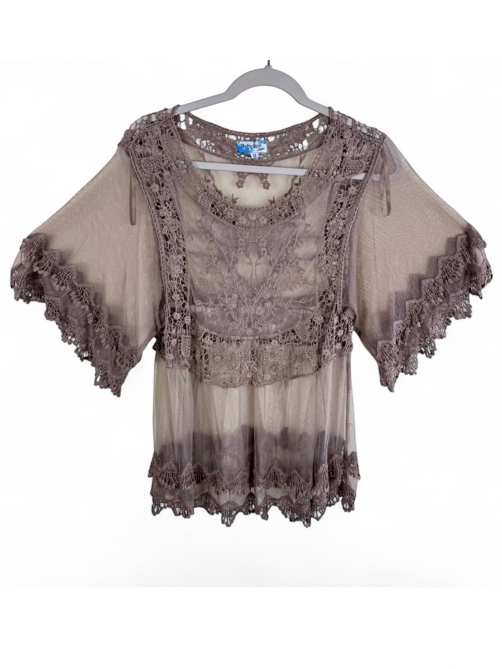 Rebellion Again Womens Mauve Taupe Sheer Mesh Crochet Lace Boho Top Medium